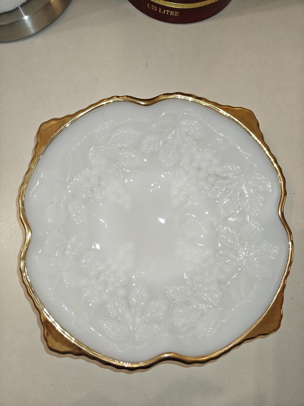 Vintage White Milk Glass Serving Plate with Gold Rim